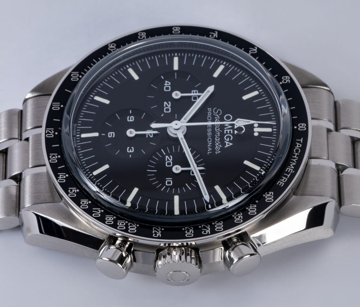 Crown Side Shot of Speedmaster Moonwatch Professional Co-Axial Master Chronometer