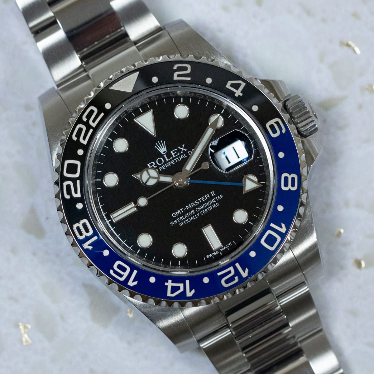 Stylied photo of  of GMT-Master II BLNR 'Batman'