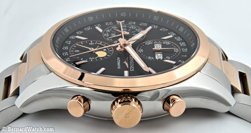 Crown Side Shot of Conquest Classic Chronograph Moonphase 42mm