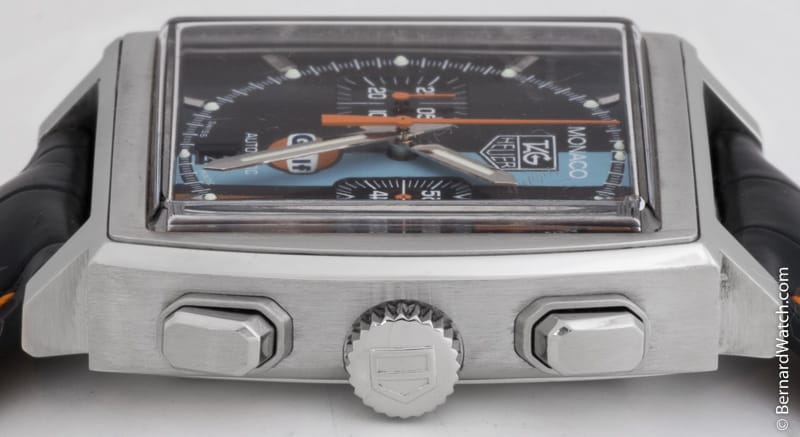 Crown Side Shot of Monaco Chronograph 'Gulf' Limited Edition
