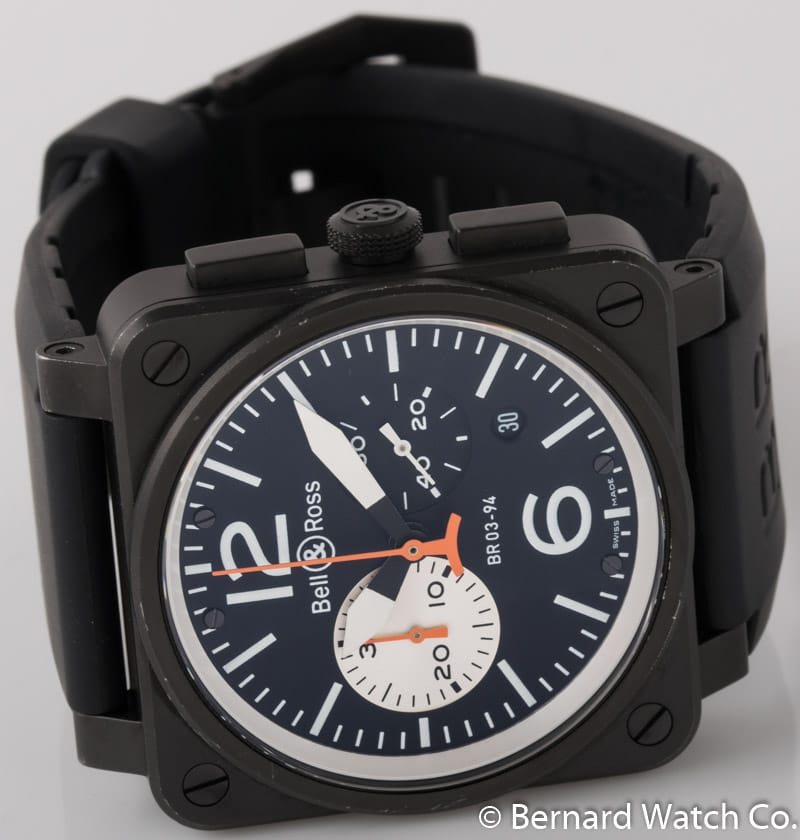 Front View of BR 03-94 Black and White Carbon Chronograph