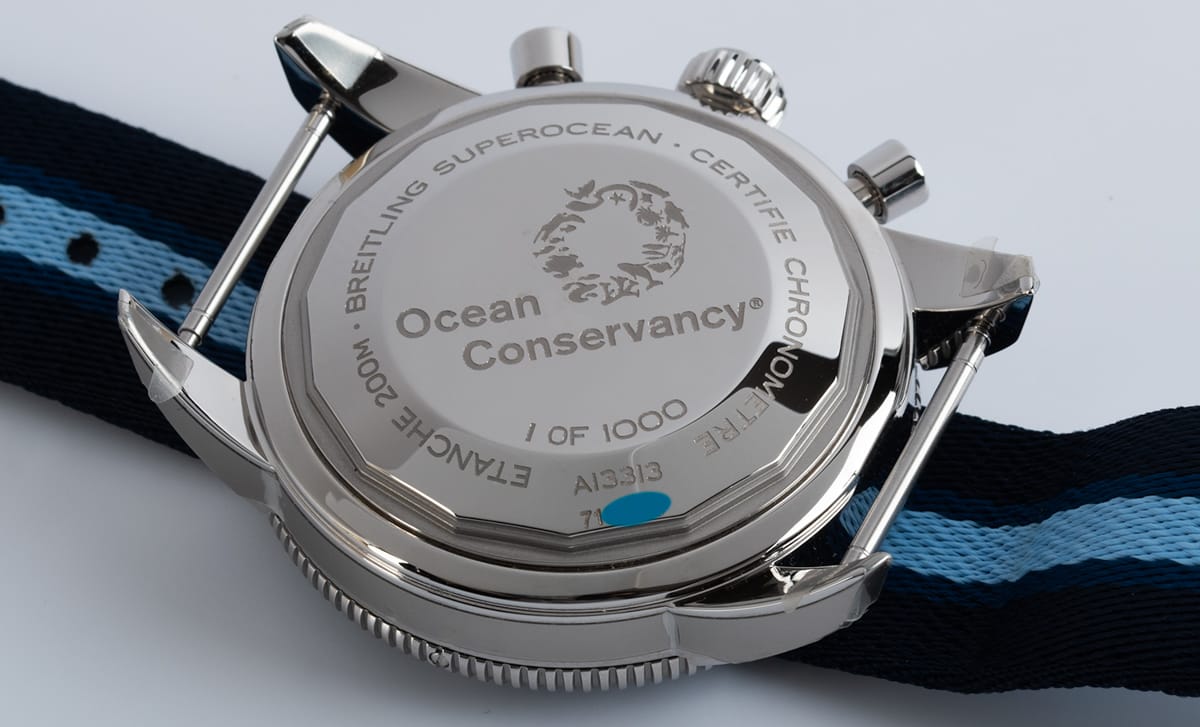 Caseback of SuperOcean Heritage Chronograph 44 Ocean Conservancy Limited Edition