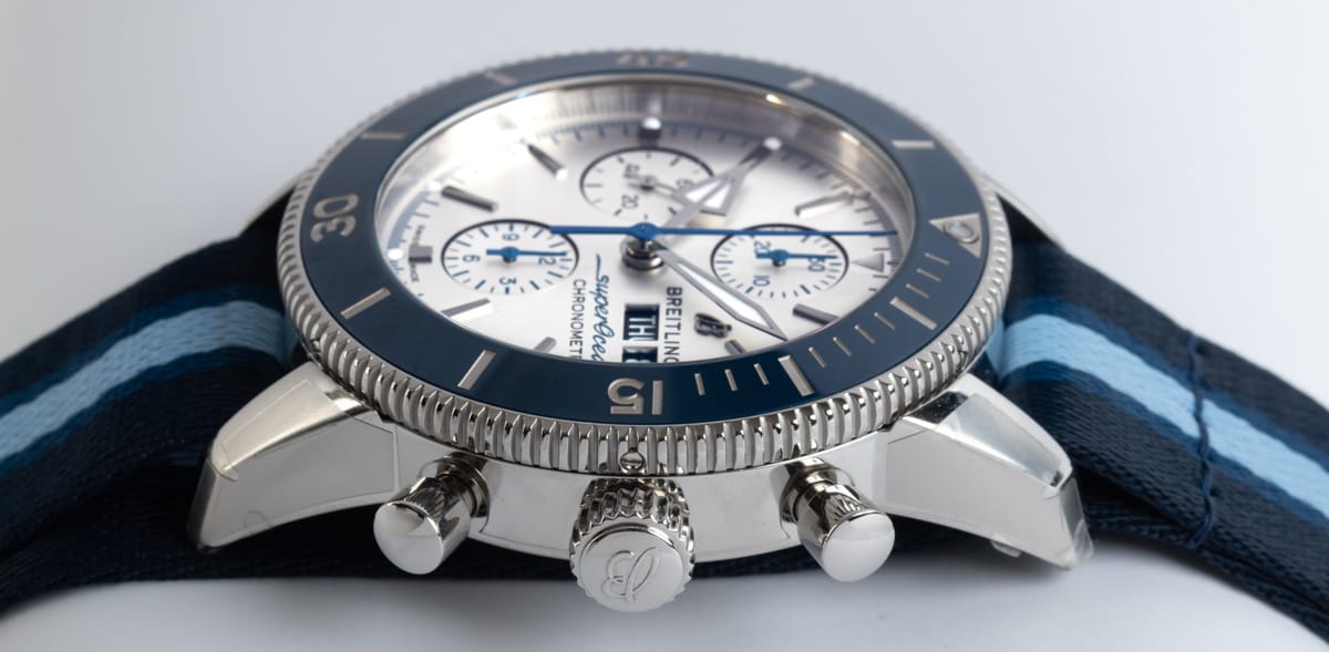 Crown Side Shot of SuperOcean Heritage Chronograph 44 Ocean Conservancy Limited Edition