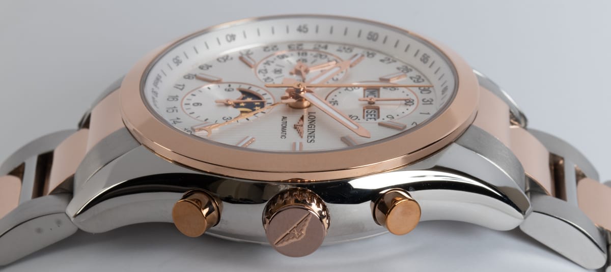 Crown Side Shot of Conquest Classic Chronograph Moonphase 42mm