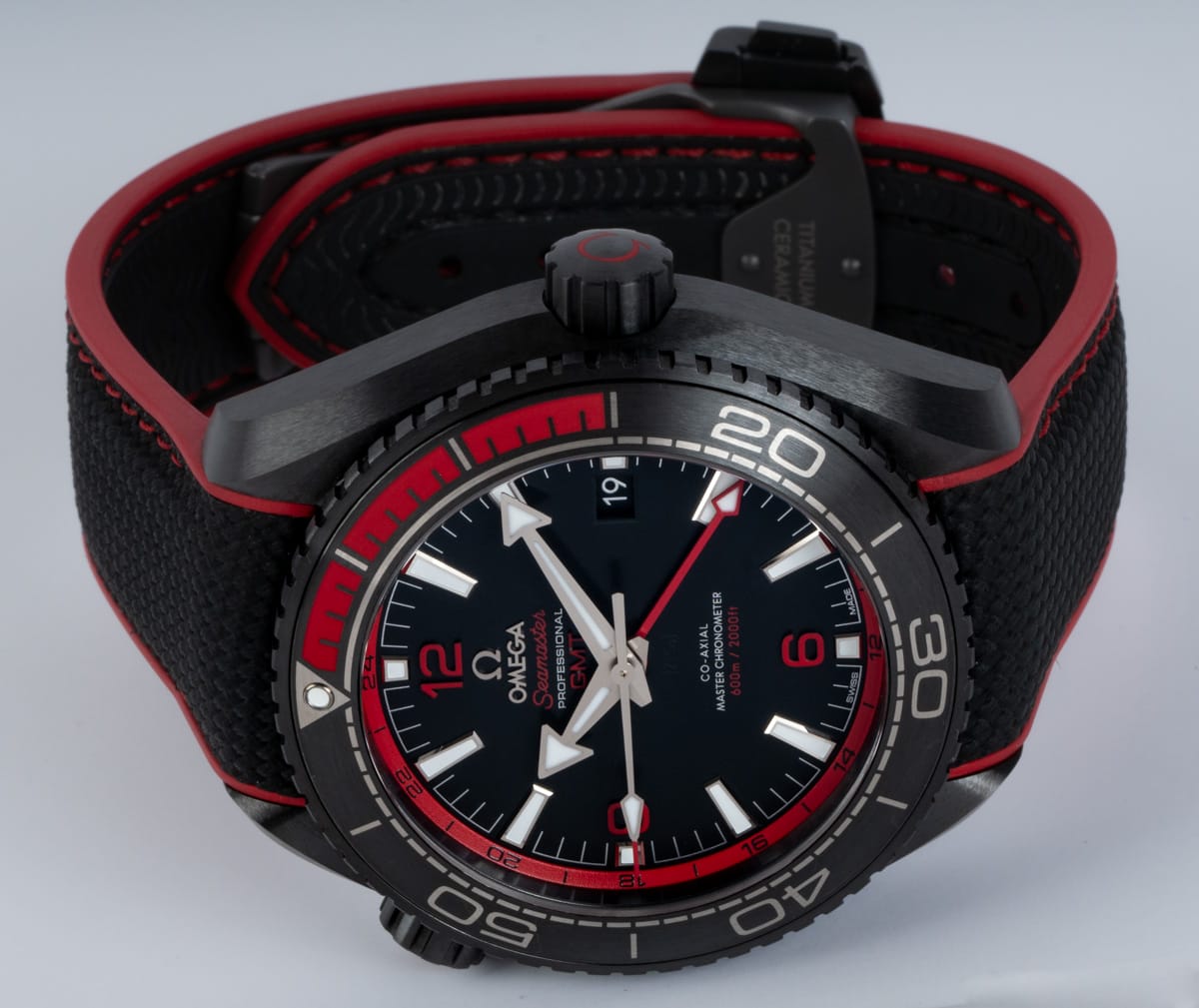 Front View of Seamaster Planet Ocean GMT 'Deep Black' Red