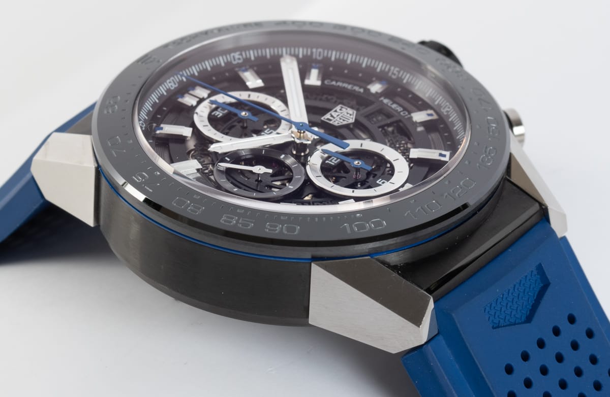 9' Side Shot of Carrera Chronograph Calibre Heuer 01 Blue Touch