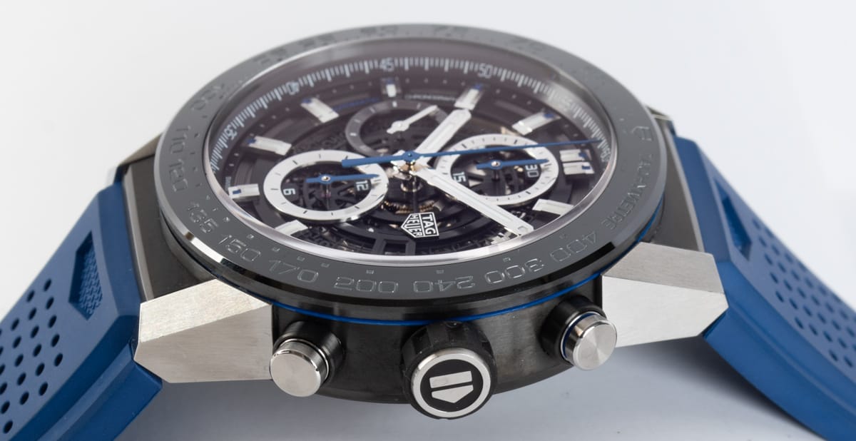 Crown Side Shot of Carrera Chronograph Calibre Heuer 01 Blue Touch