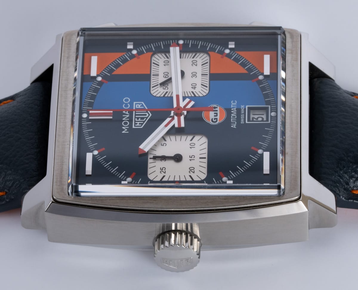 Crown Side Shot of Monaco Calibre 11 Gulf 50th Anniversary