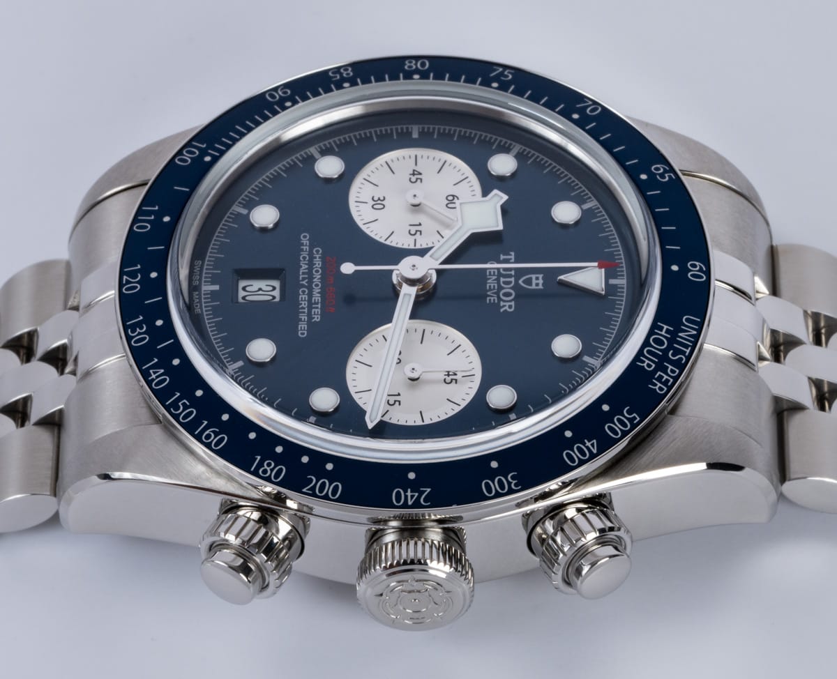 Crown Side Shot of Black Bay Blue Chronograph